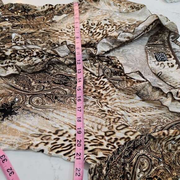 Clara Sunwoo Leopard Ruffle Blouse Long Sleeve Zip Sequin Large Mob Wife - Picture 7 of 8